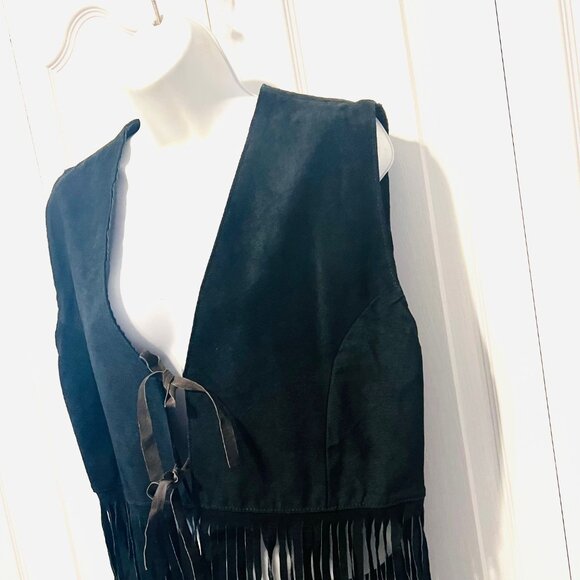 Learsi Women's Black Leather Suede Fringed Moto Vest-Sz. Large-Tie Closure- - Picture 4 of 16